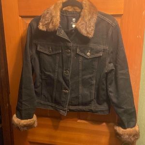 SPI black denim jacket w/ genuine mink collar and cuffs Sz. medium